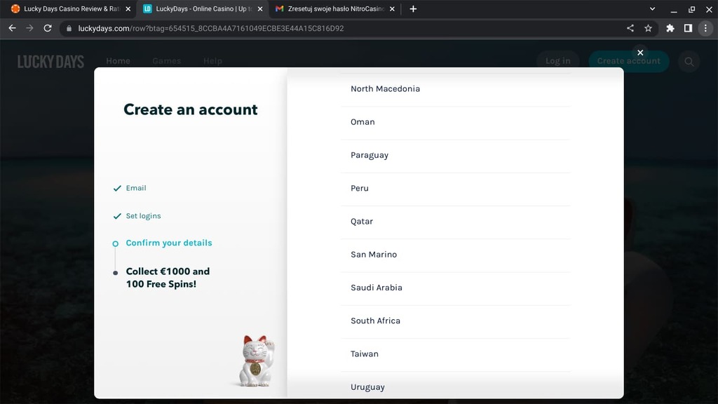 Lucky Days Casino new player account creation form